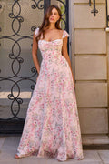 Amoris T749 Soft Flutter Sleeves Floral Chiffon A-Line Dress