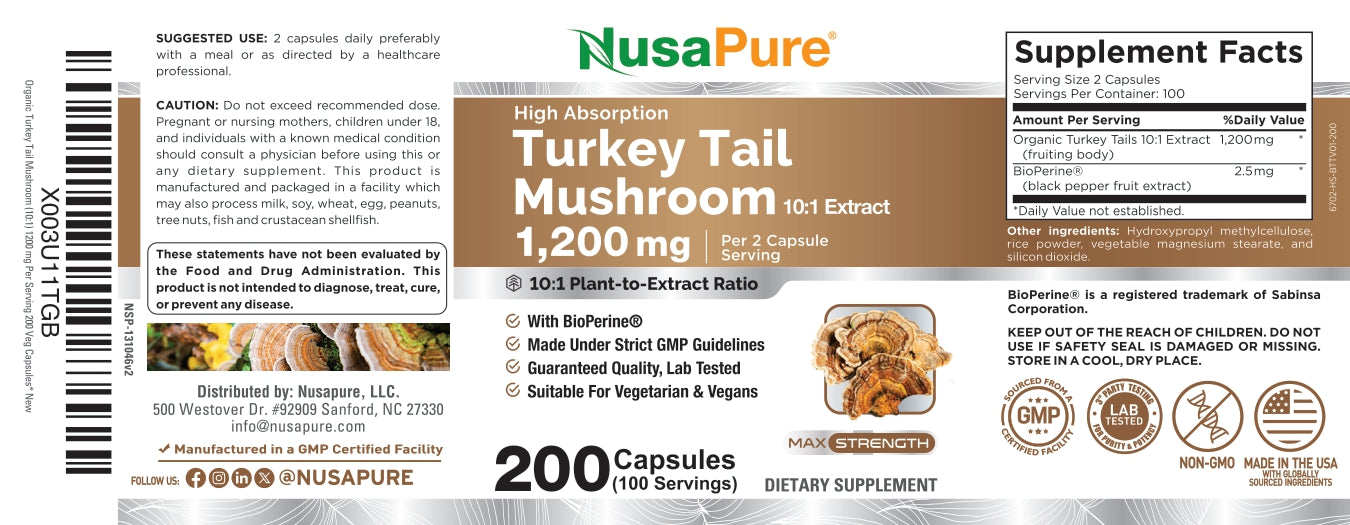 NusaPure Turkey Tail Mushroom Capsules, 10:1 Extract, 1200 mg, 200 Vcaps, Non-GMO, Gluten Free, Bioperine