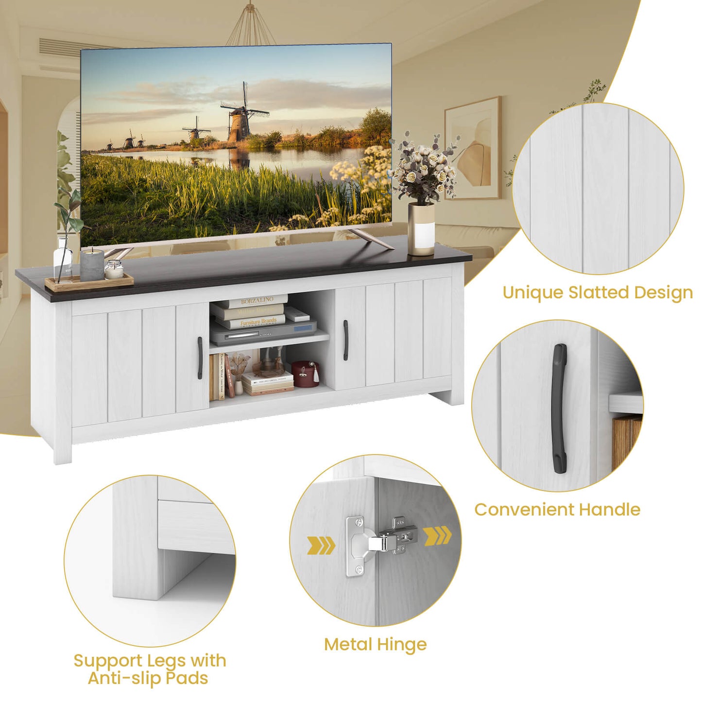 TV Stand with 2 Cabinets and Open Shelves for TVs up to 65 Inch