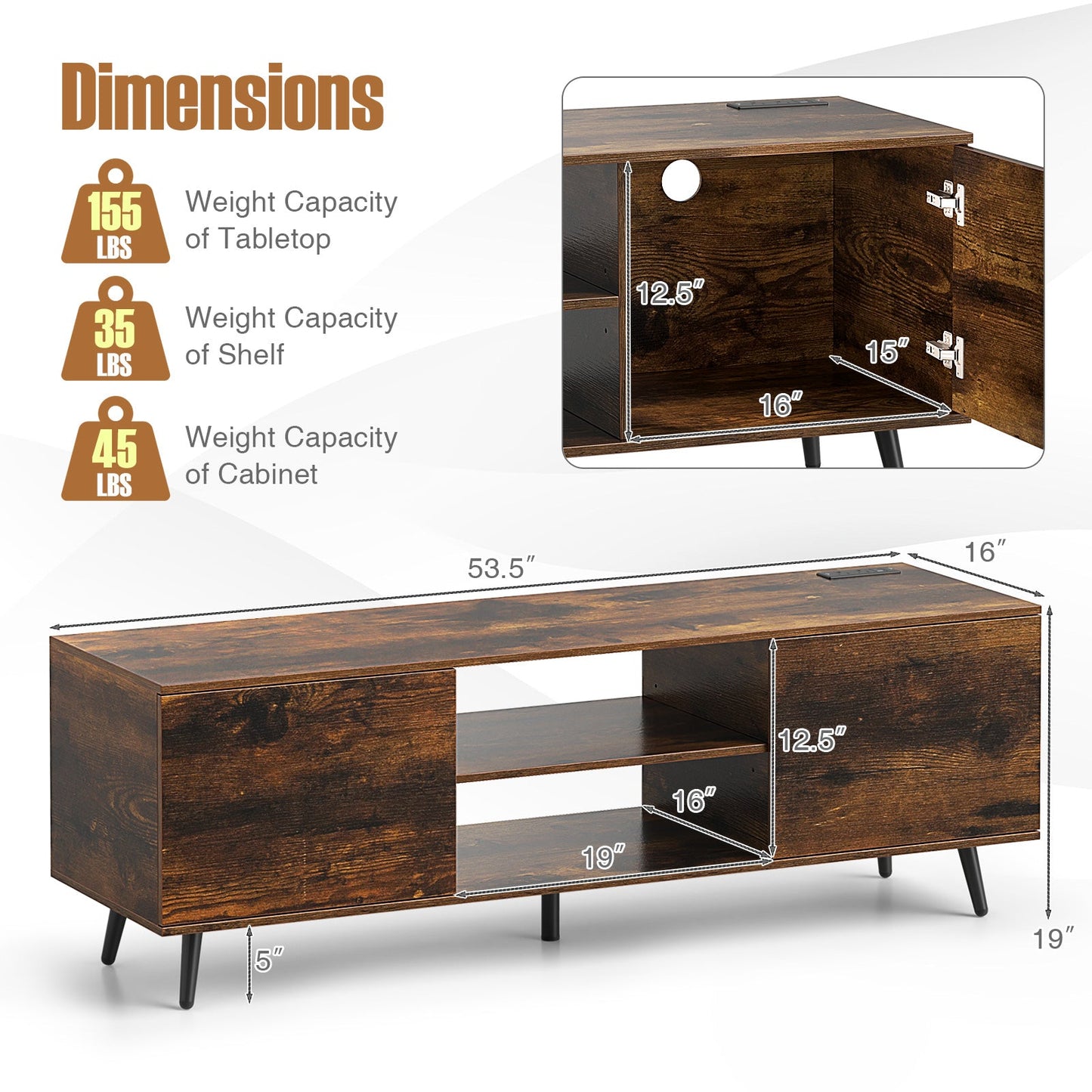 TV Stand with Power Outlets and Adjustable Shelf for 60 Inch TVs