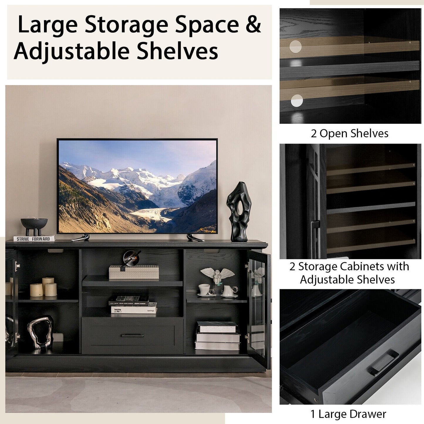 TV Stand for TVs up to 70 with Glass Doors Cubbies and Drawer