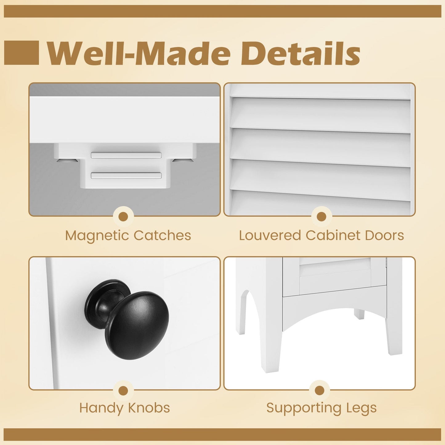 Tall Bathroom Floor Cabinet with Shutter Doors and Adjustable Shelf