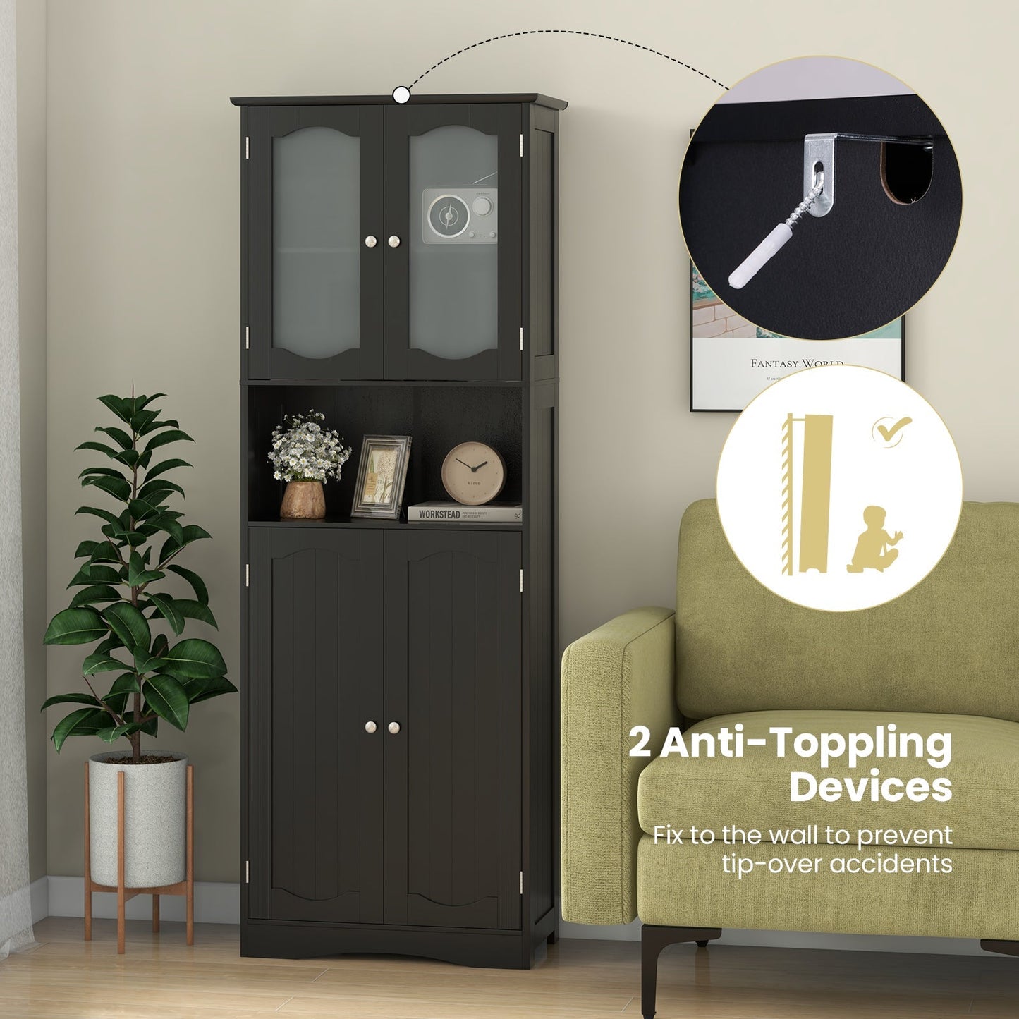 64.5 Inches Tall Bathroom Storage Cabinet with Frost Glass Doors and Shelves