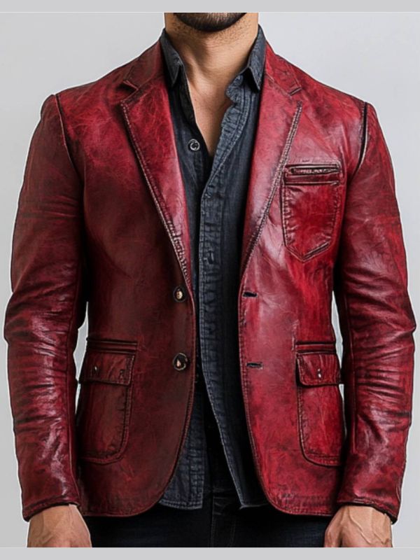 Teddy Red Leather Blazer – Stylish Men’s Leather Jacket