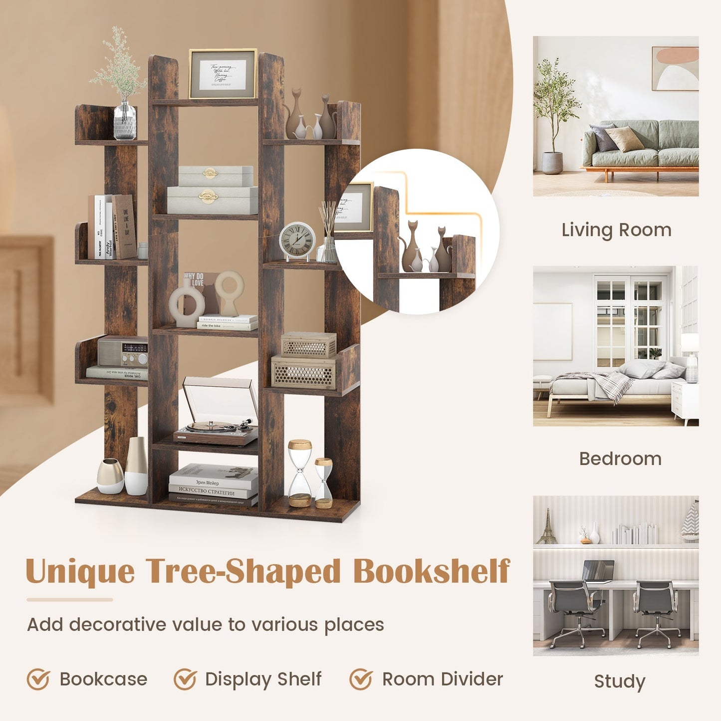Tree-Shaped Bookshelf with 13 Compartments