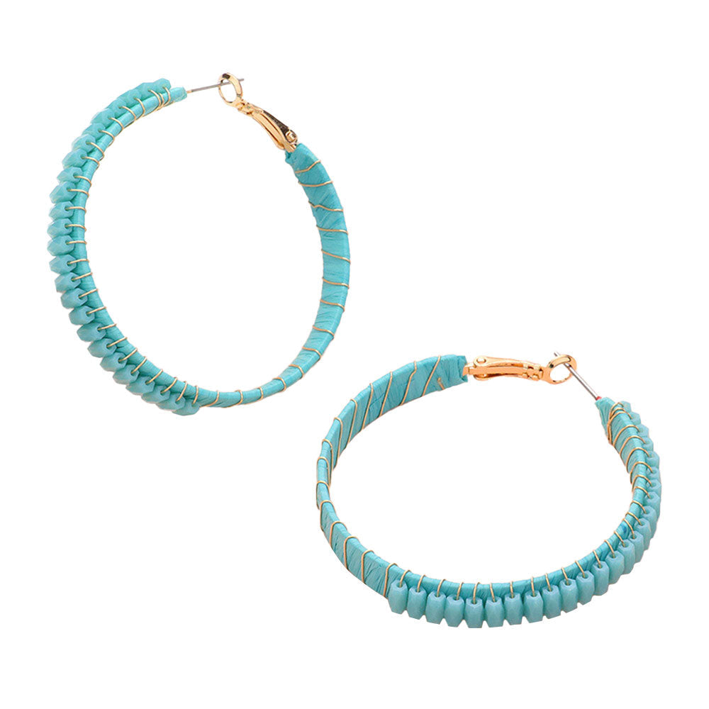 Rectangle Bead Trimmed Raffia Wrapped Hoop Earrings