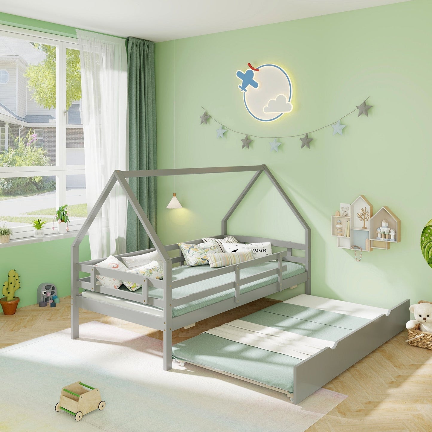 Twin House Bed with Trundle and Fence Rail