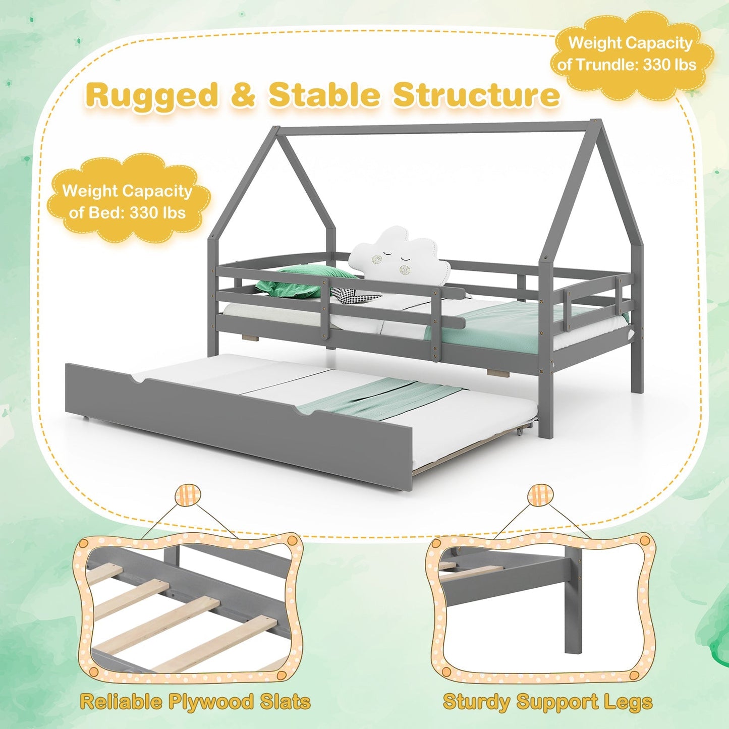 Twin House Bed with Trundle and Fence Rail