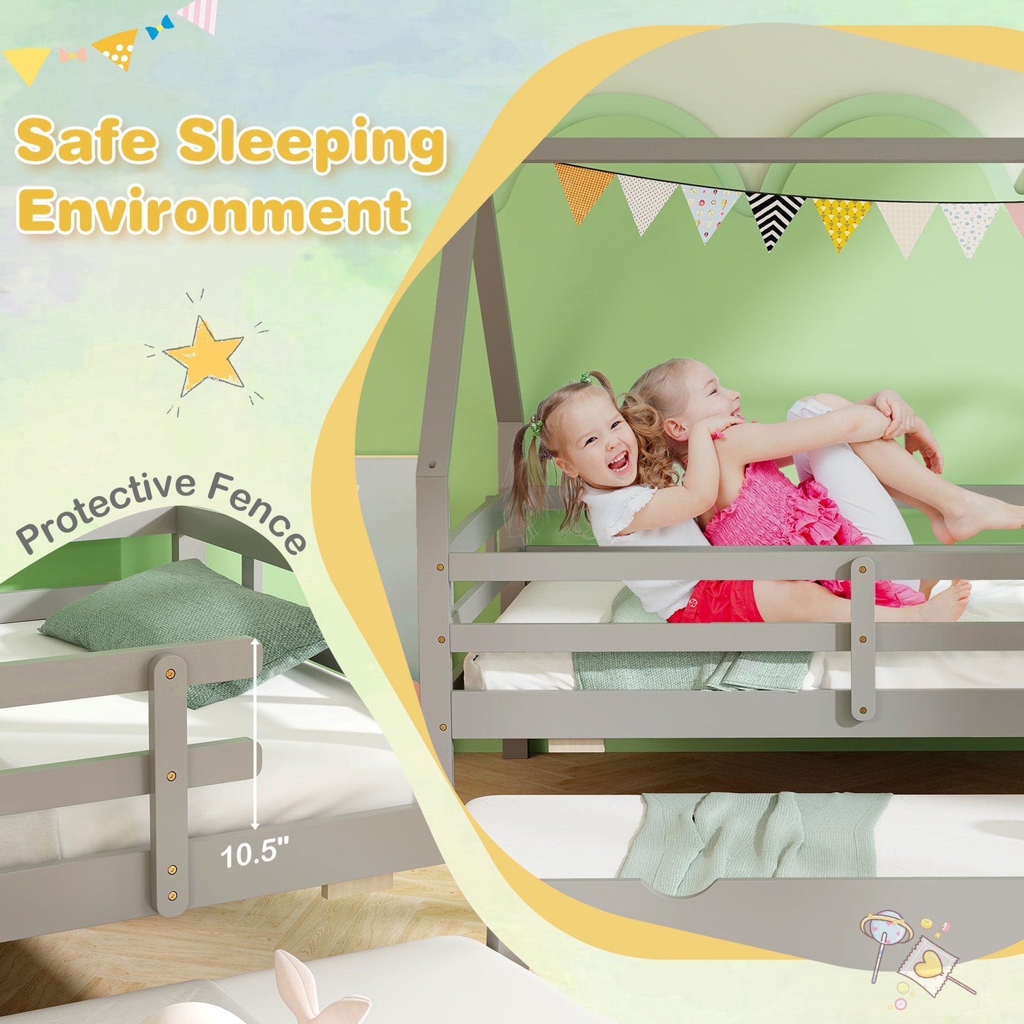 Twin House Bed with Trundle and Fence Rail