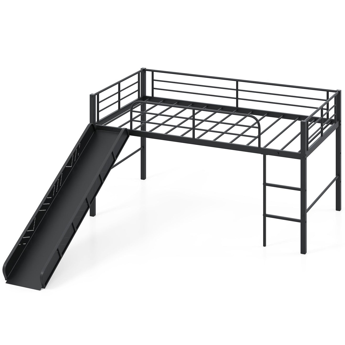 Twin Metal Loft Bed with Slide Safety Guardrails and Built-in Ladder