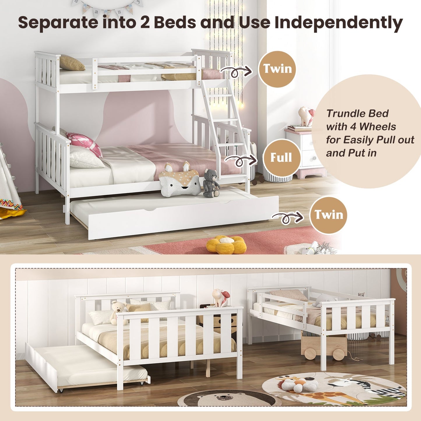3-in-1 Twin Over Full Bunk Bed with Trundle and Ladder