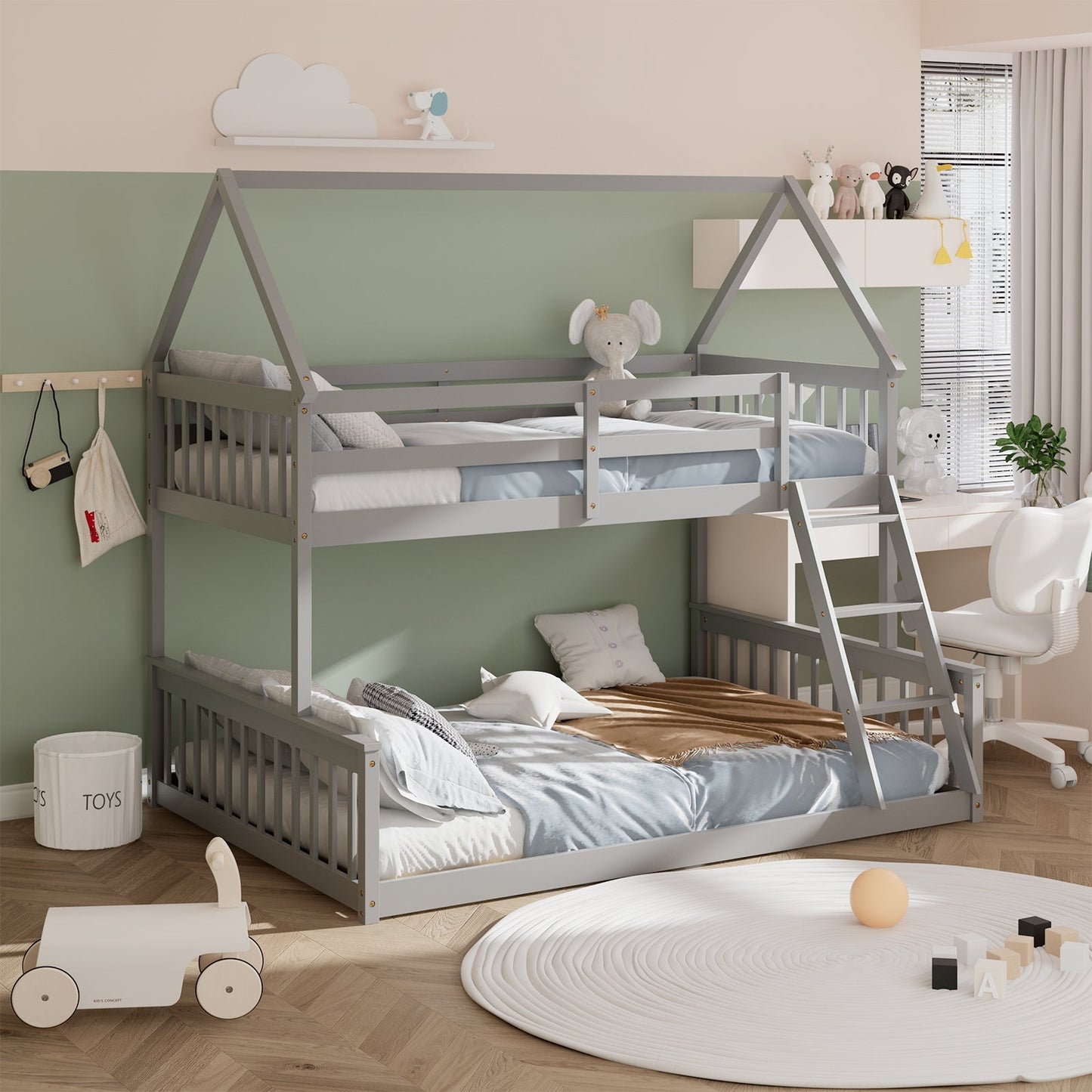 Twin Over Full House Bunk Bed with Ladder and Guardrails