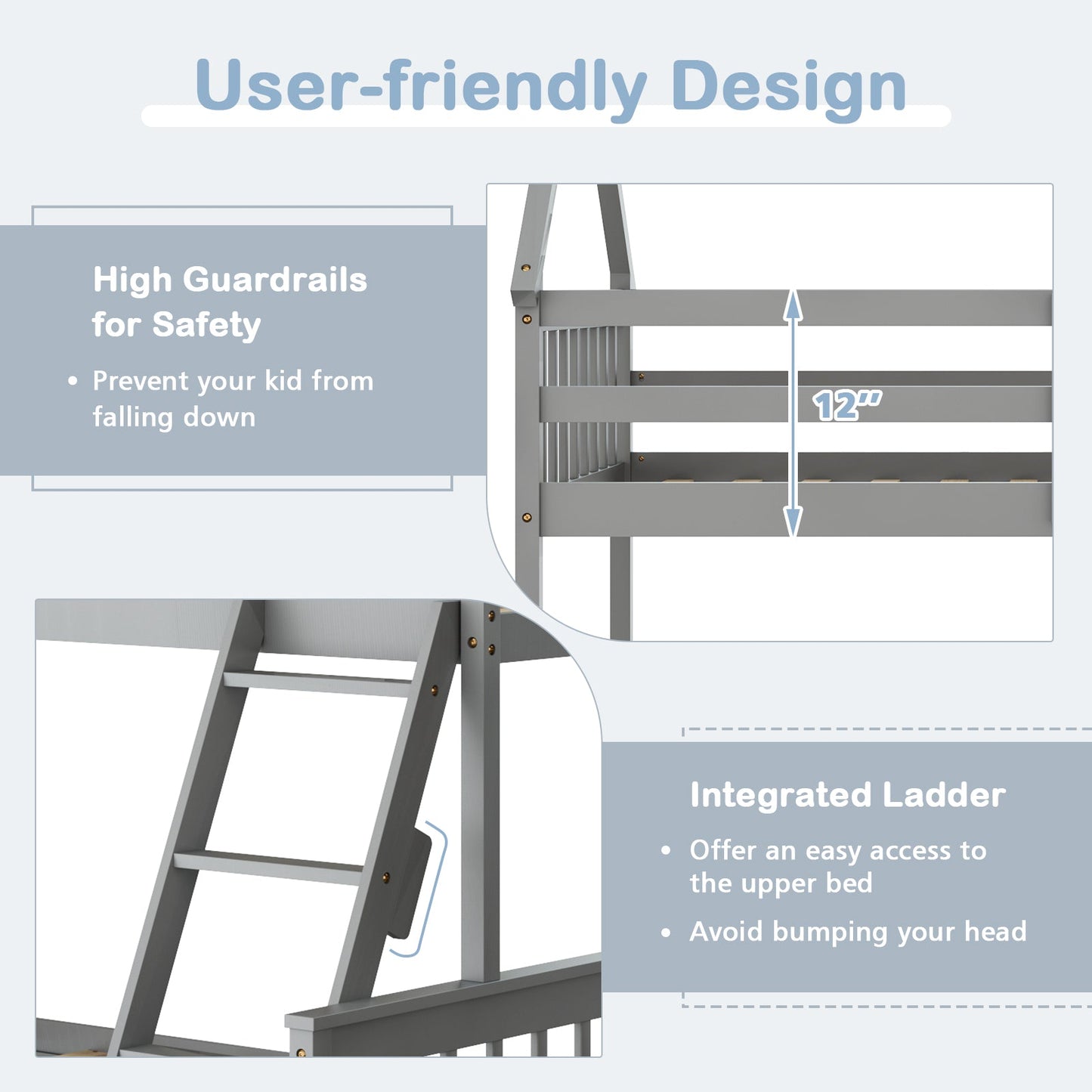 Twin Over Full House Bunk Bed with Ladder and Guardrails