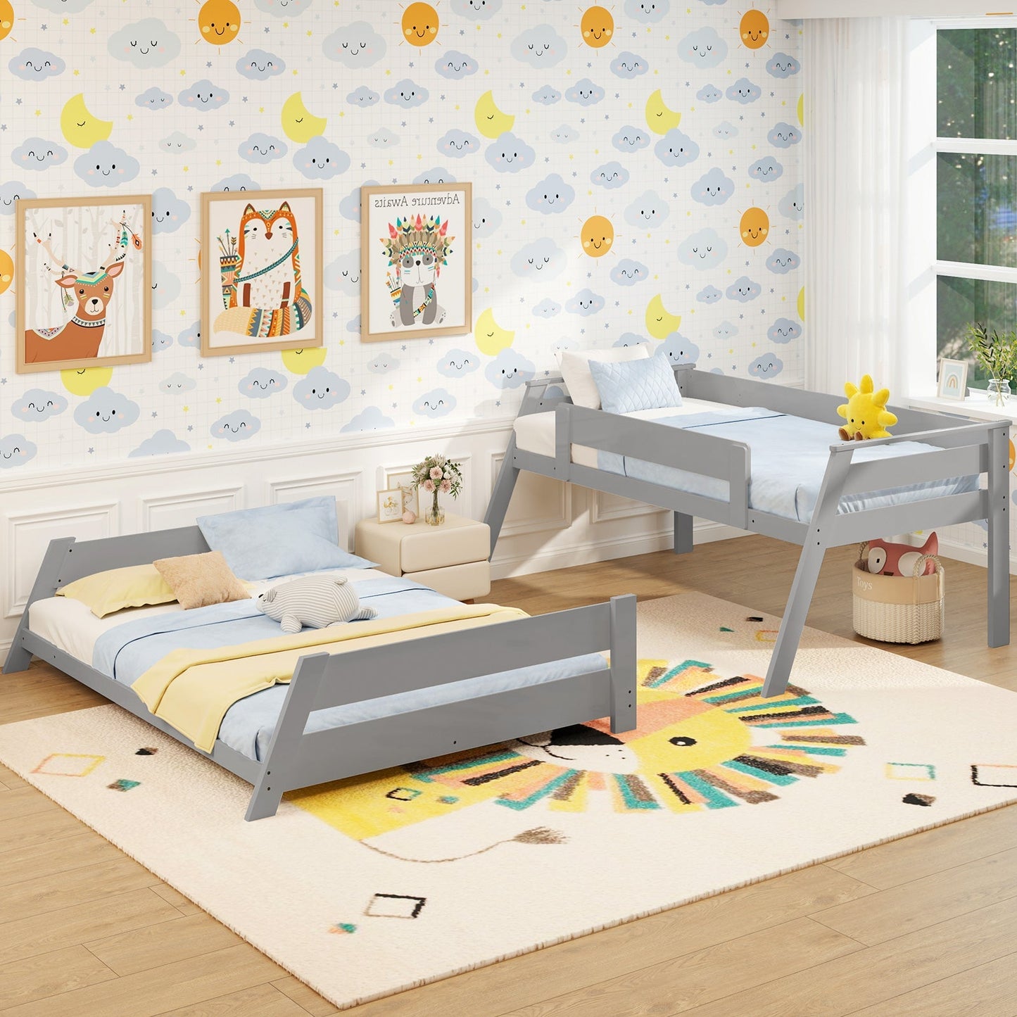 Twin Over Full Low Bunk Bed with Reversible Ladder
