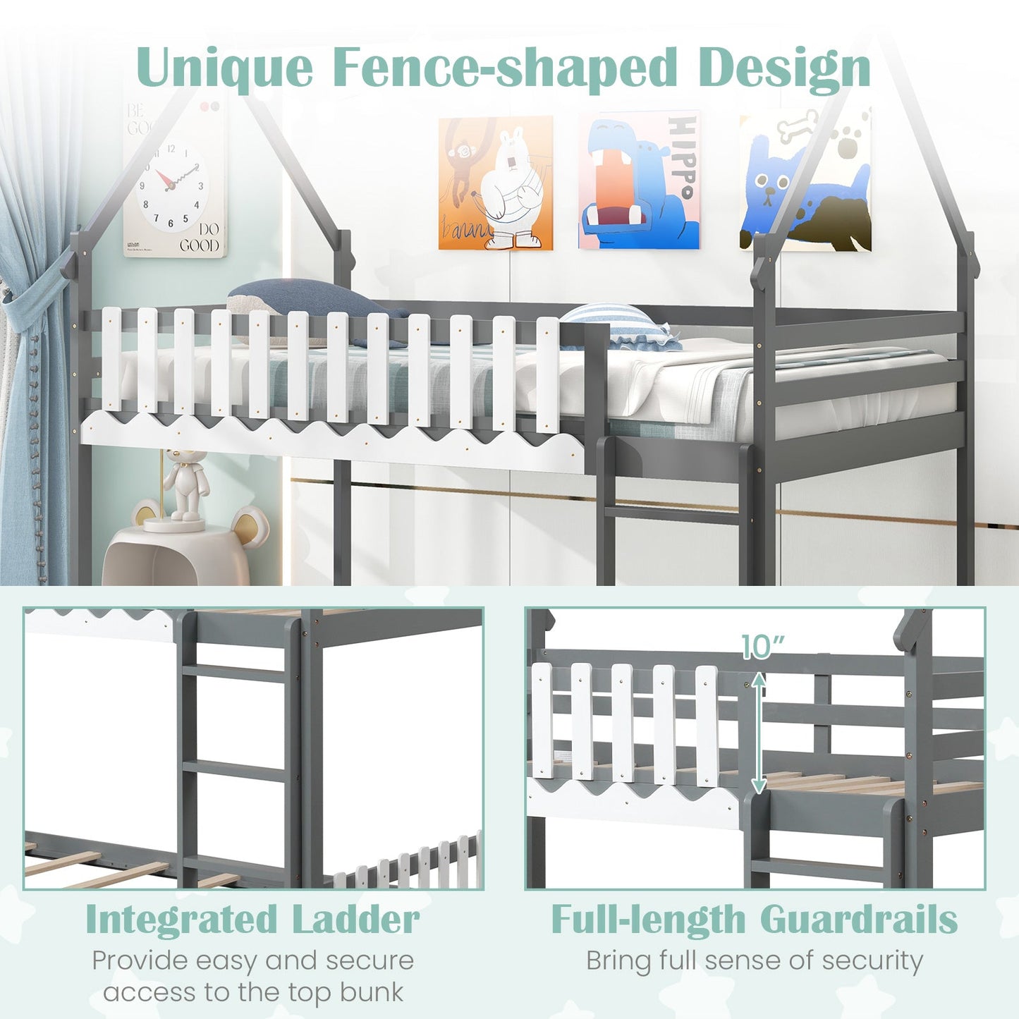 Twin Over Twin Bunk Bed with Fence and Ladder for Kids