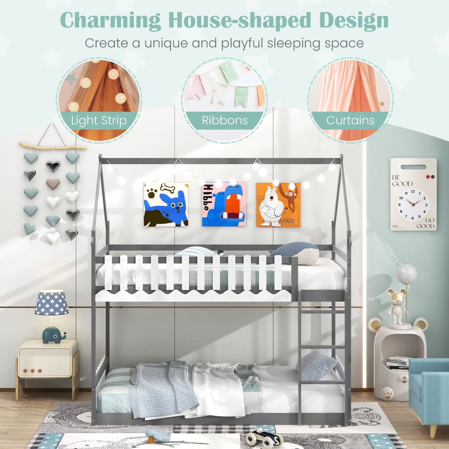 Twin Over Twin Bunk Bed with Fence and Ladder for Kids
