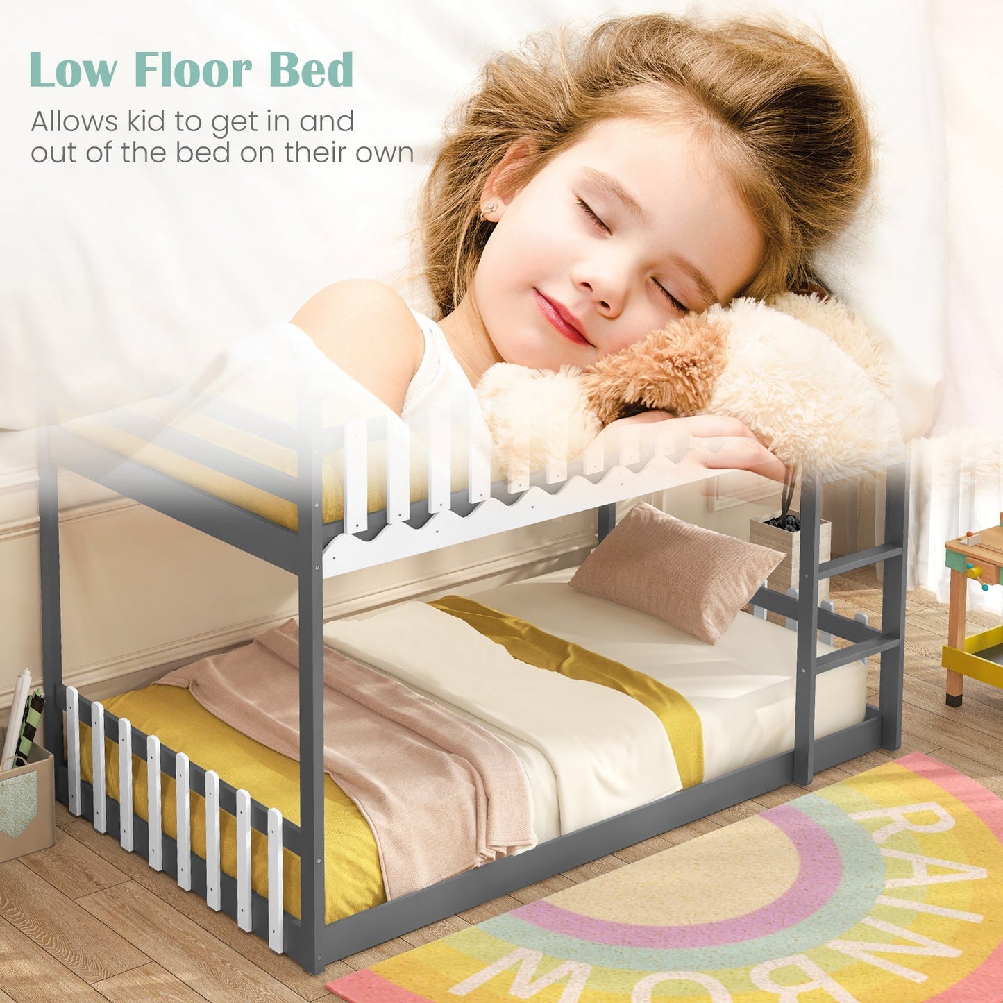 Twin Over Twin Bunk Bed with Fence and Ladder for Kids