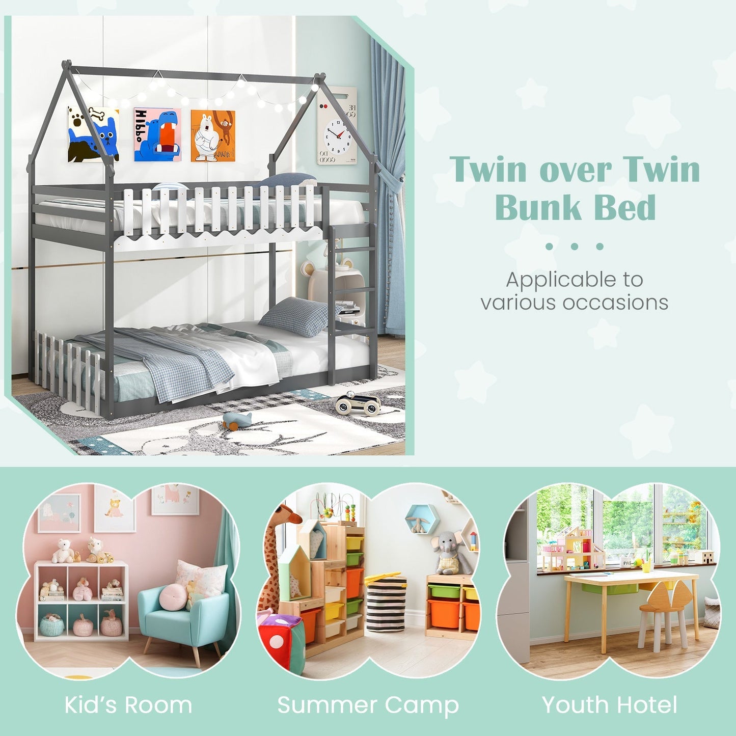 Twin Over Twin Bunk Bed with Fence and Ladder for Kids