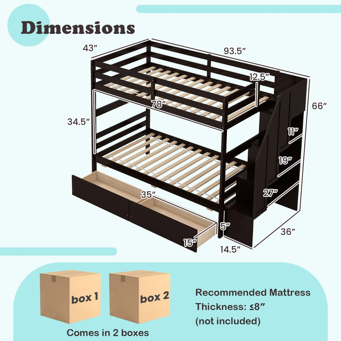 Twin Over Twin Bunk Bed with Storage Stairs and Drawers