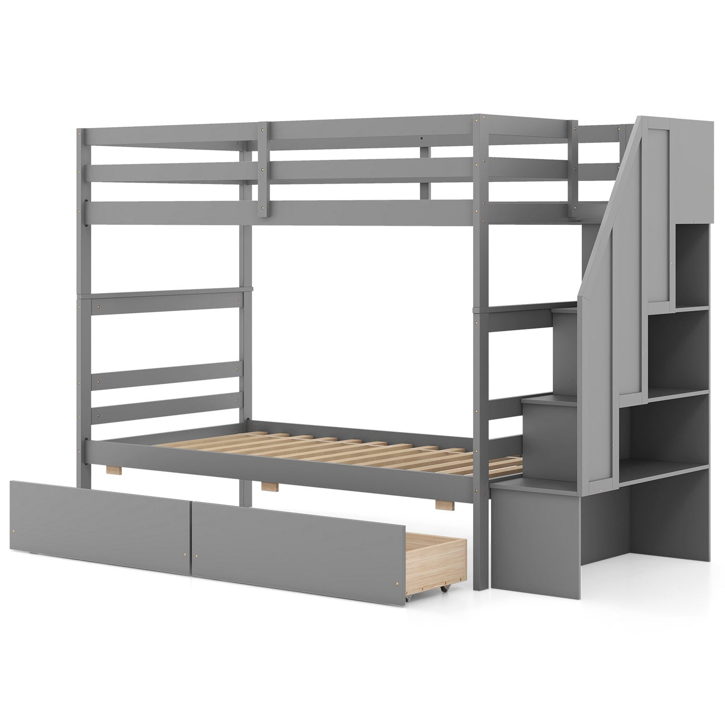 Twin Over Twin Bunk Bed with Storage Stairs and Drawers