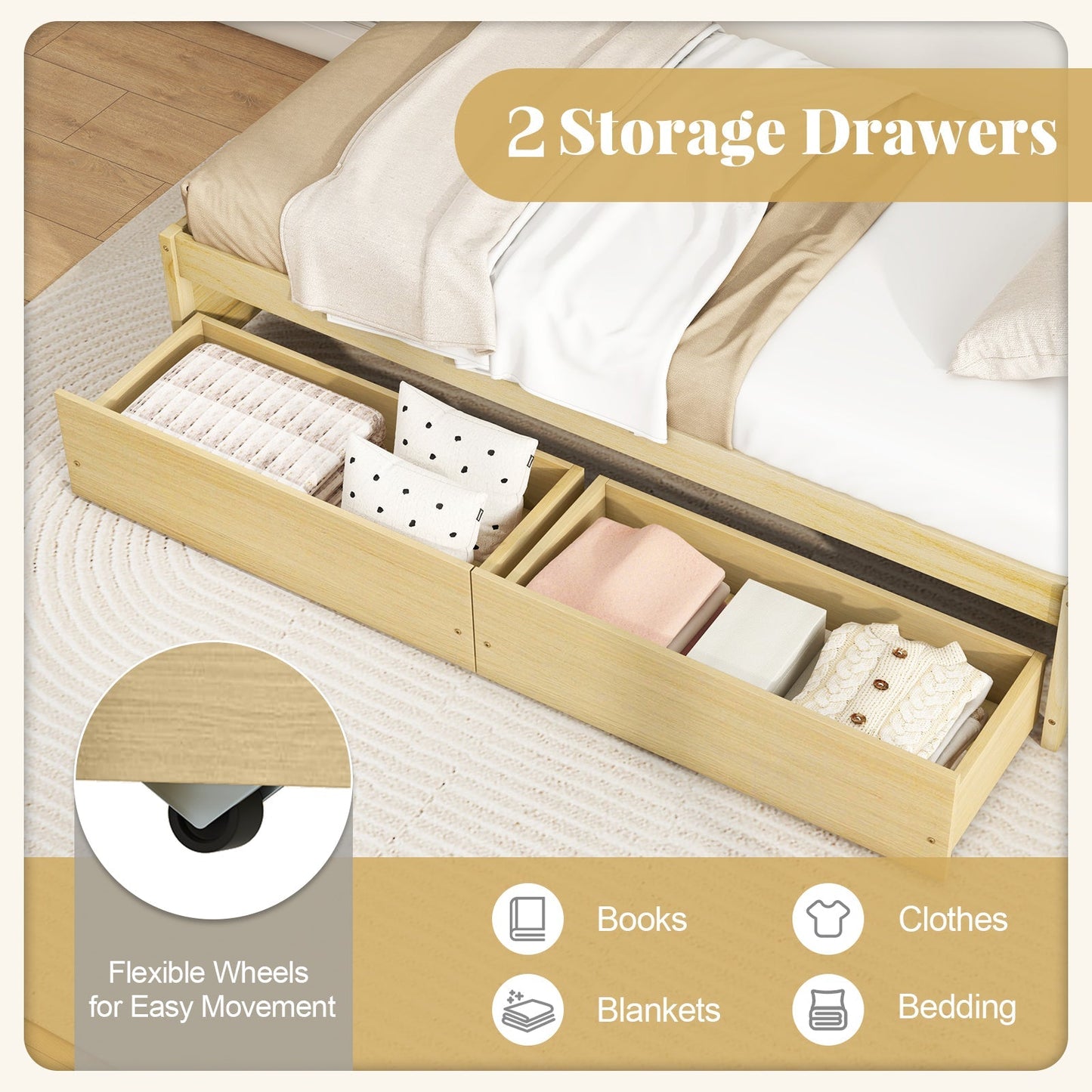 Twin Size Captain Bed with 2 Drawers and Slats Support