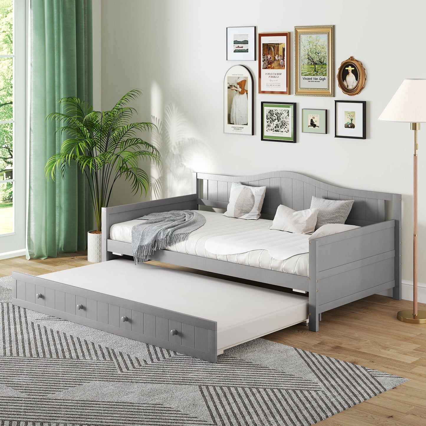 Twin Size Daybed with Trundle and Slats Support on Wheels