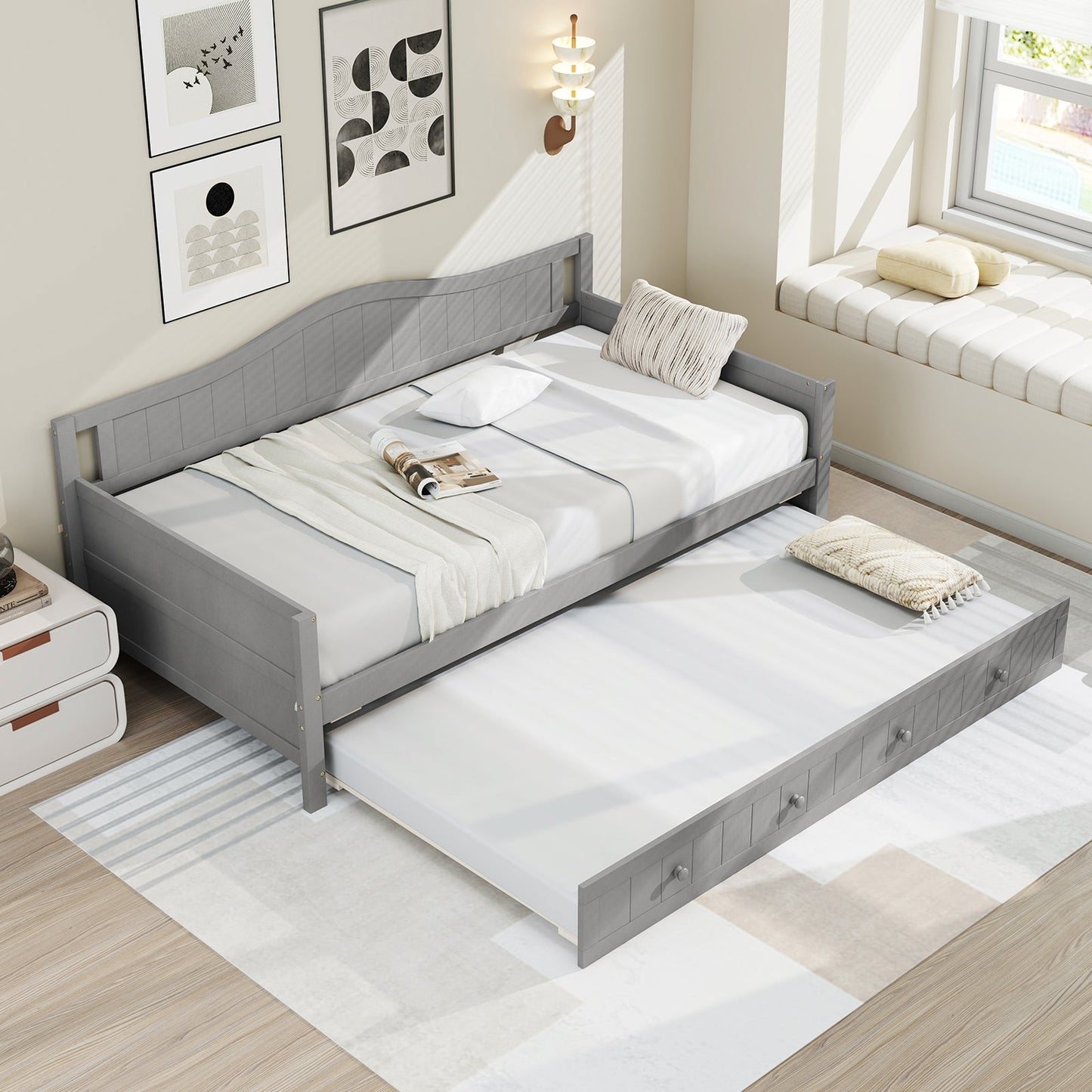 Twin Size Daybed with Trundle and Slats Support on Wheels