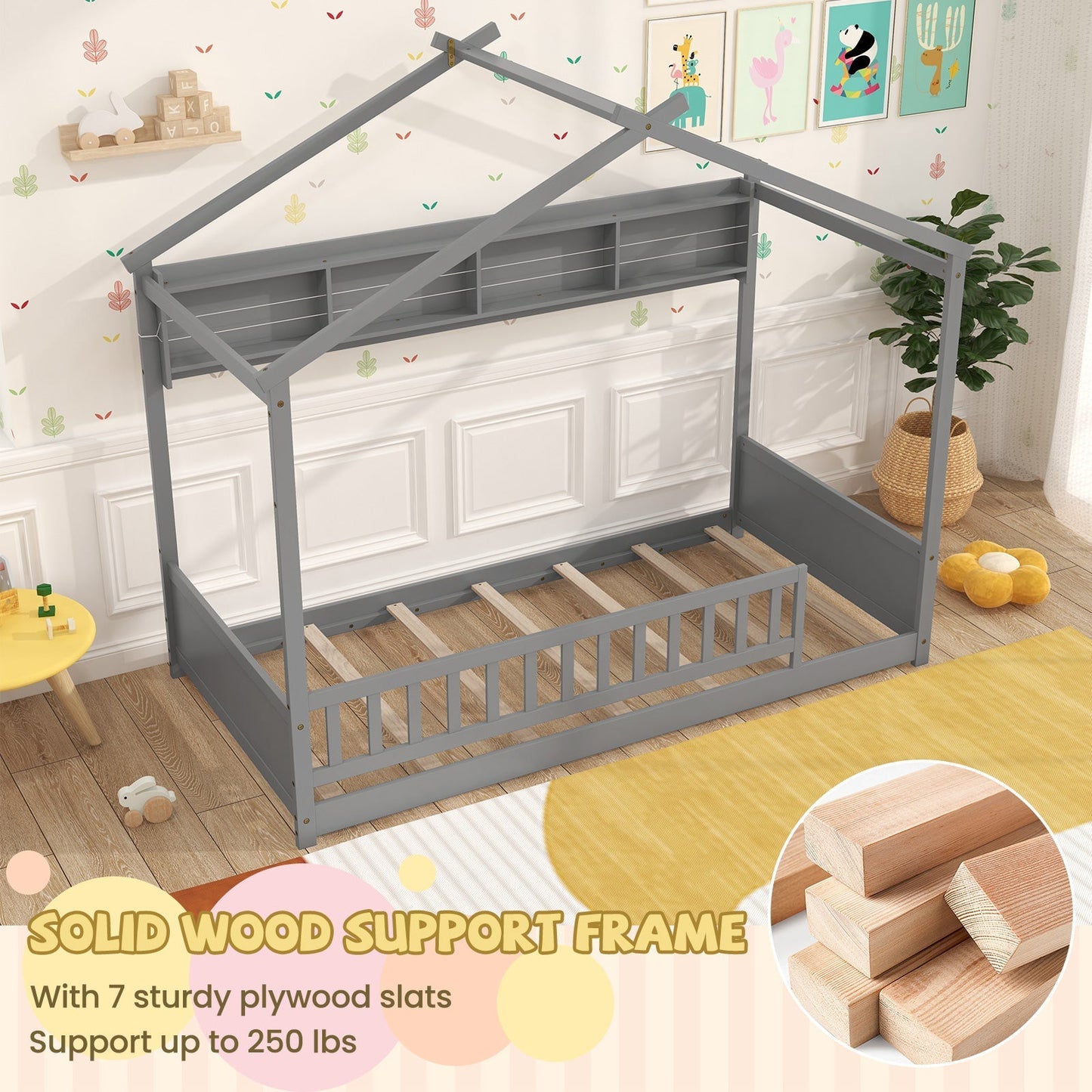 Twin Size House Bed with Storage Shelf and Headboard