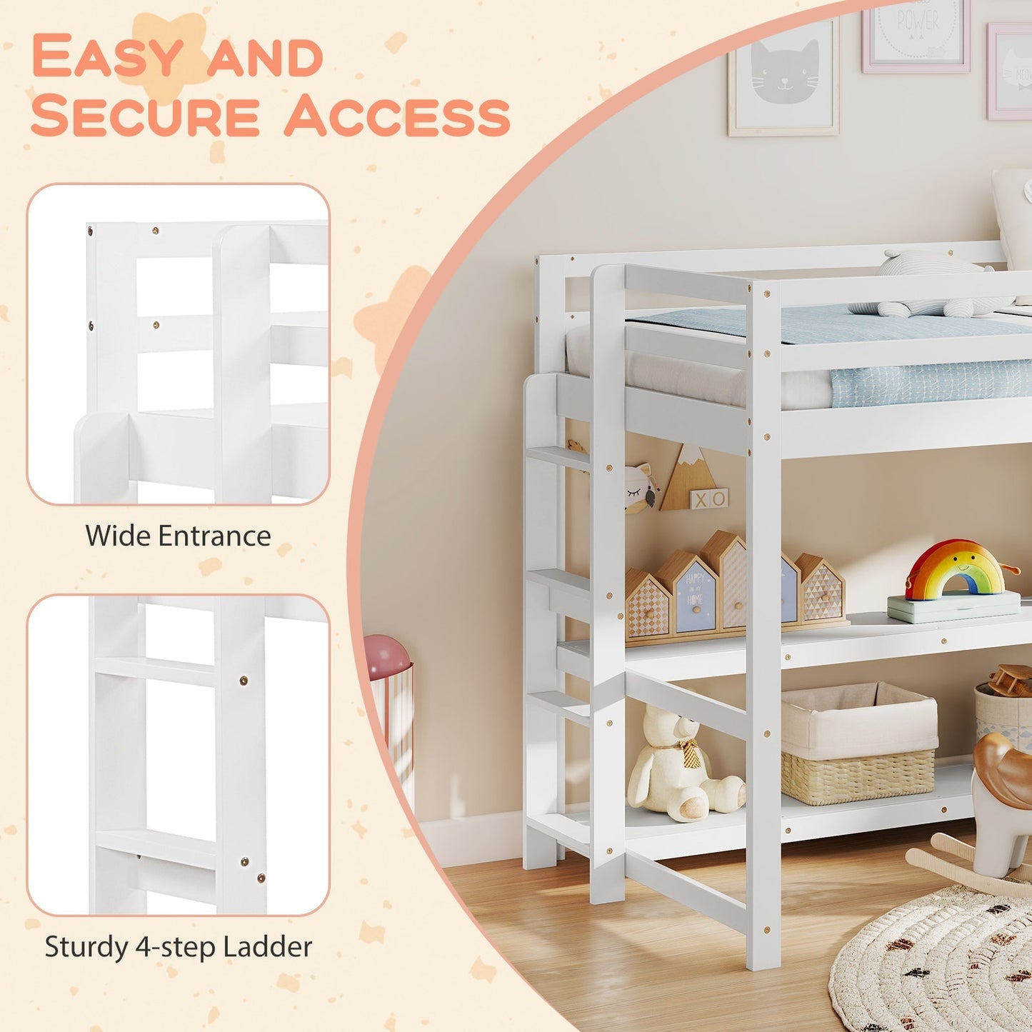 Twin Size Loft Bed with Storage Shelves Full-length Guardrails and Ladder-White