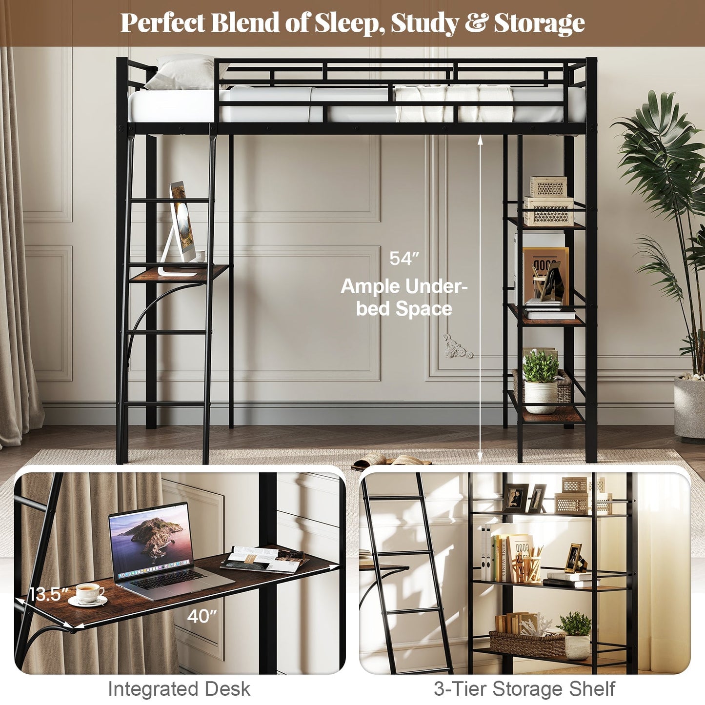 Twin Size Loft Bed with Desk and Shelves for Kids and Home-Black