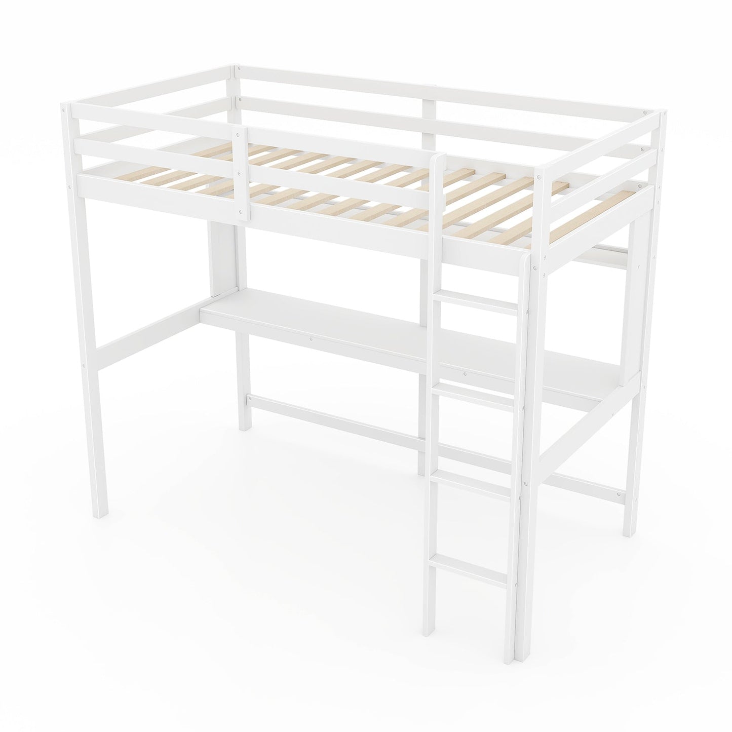 Twin Size Solid Wood Slatted Loft Bed Frame with Safety Guardrail for Kid