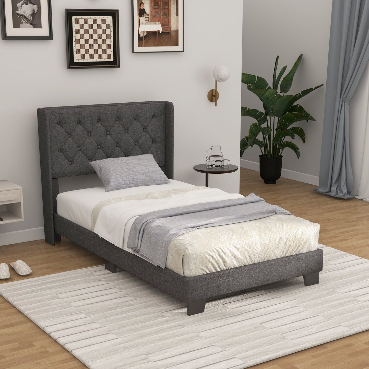 Twin/Full/Queen Size Upholstered Platform Bed with Button Tufted Headboard