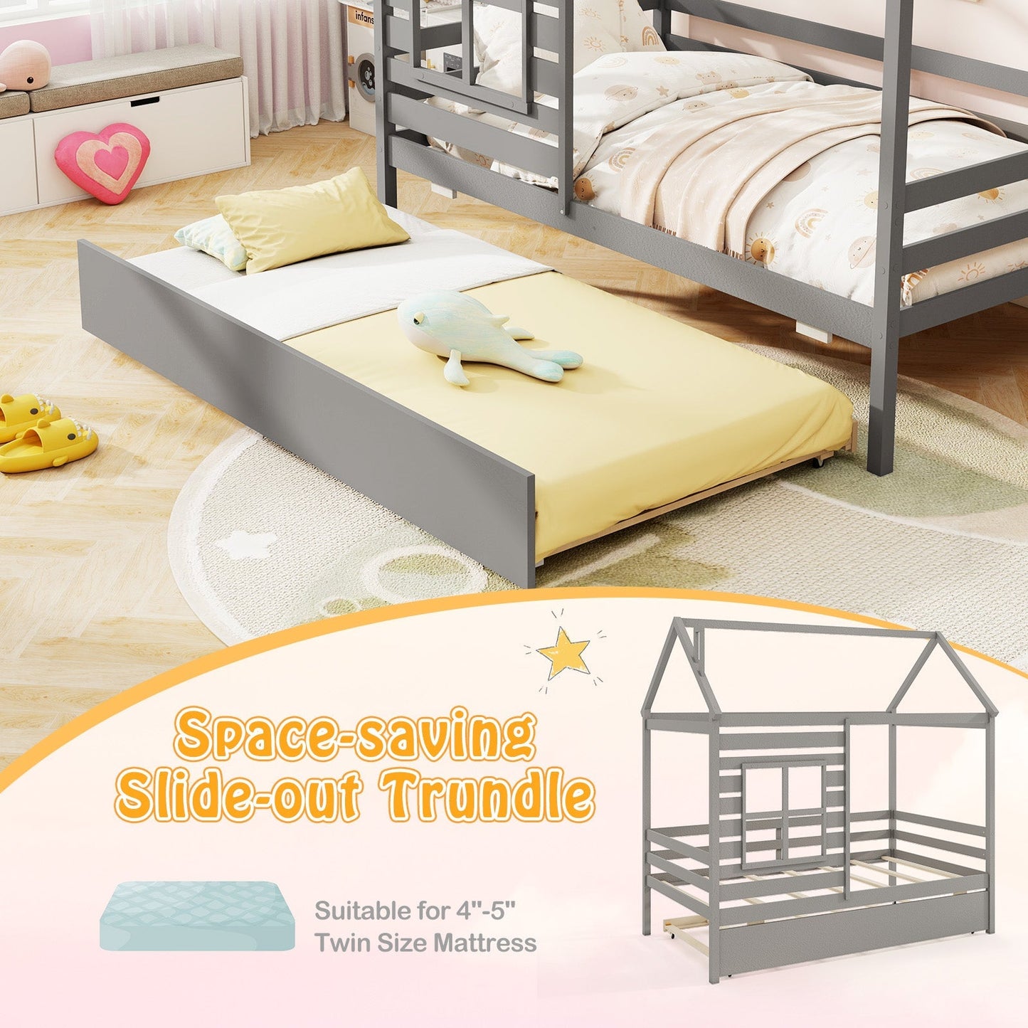 Twin Size Wooden Platform House Bed with Trundle and Roof