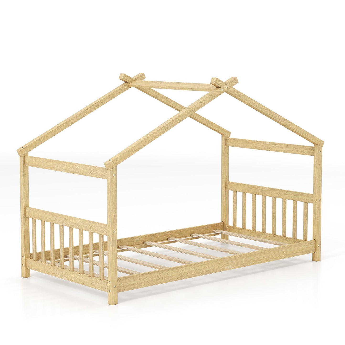 Twin Size Wooden House Bed with Roof