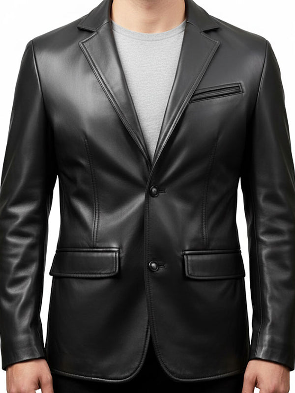Two Button Men Black Leather Blazer – Leather Blazer for Men