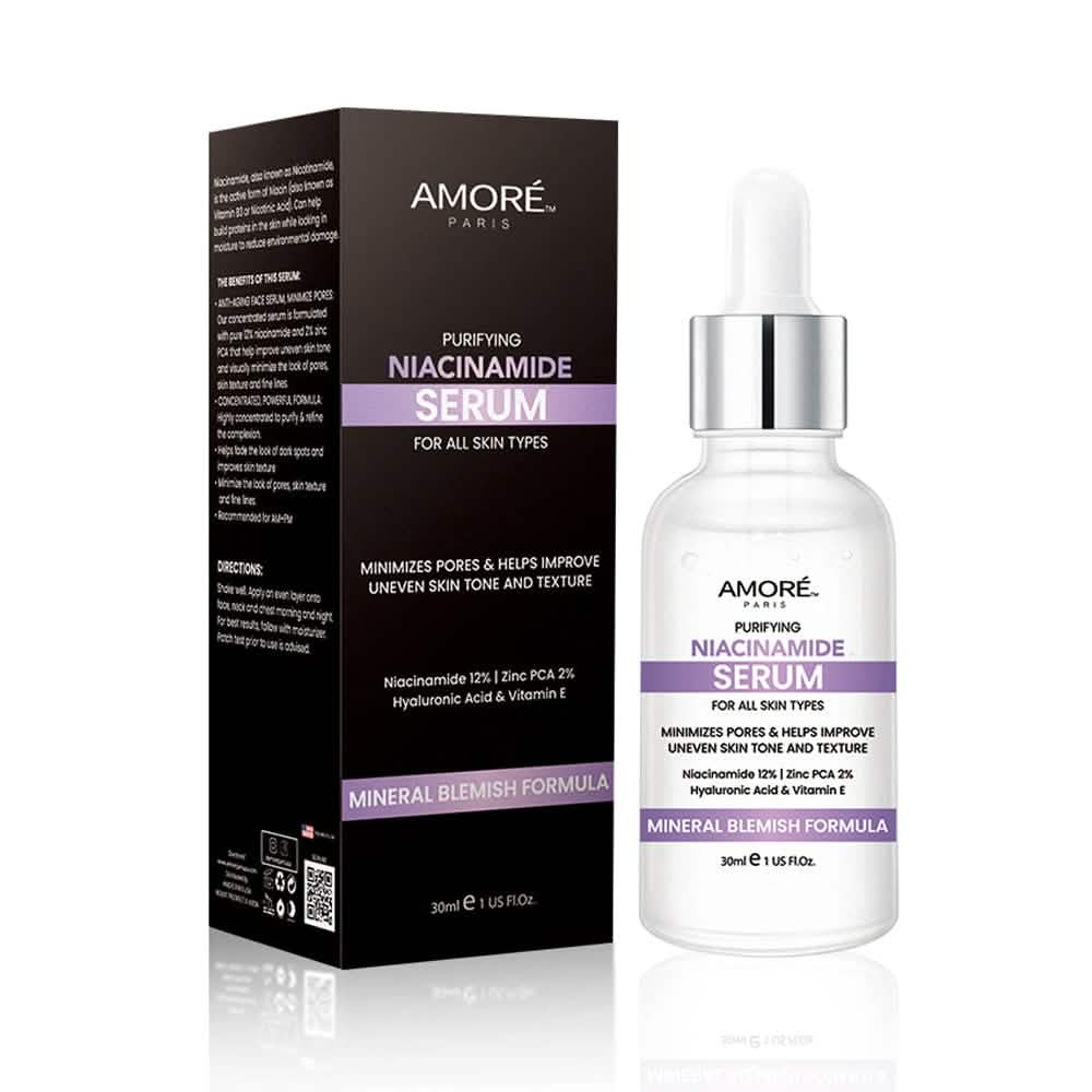 Sérum Visage Amore Paris Niacinamide 12 % et Zinc 2 %, Acide Hyaluronique et Vitamine E, Réducteur de Taches Brunes, Minimiseur de Pores et Traitement Anti-âge