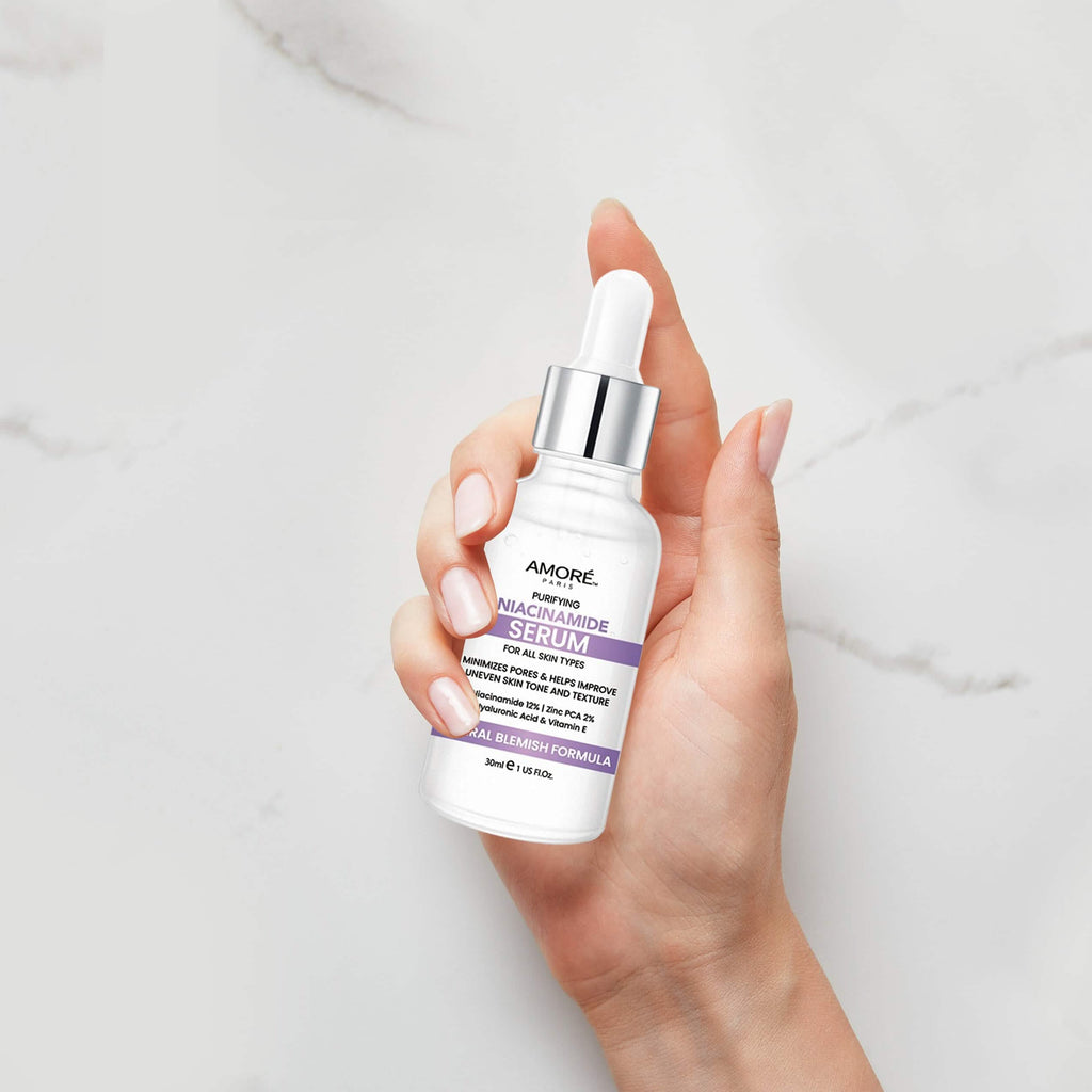 Sérum Visage Amore Paris Niacinamide 12 % et Zinc 2 %, Acide Hyaluronique et Vitamine E, Réducteur de Taches Brunes, Minimiseur de Pores et Traitement Anti-âge