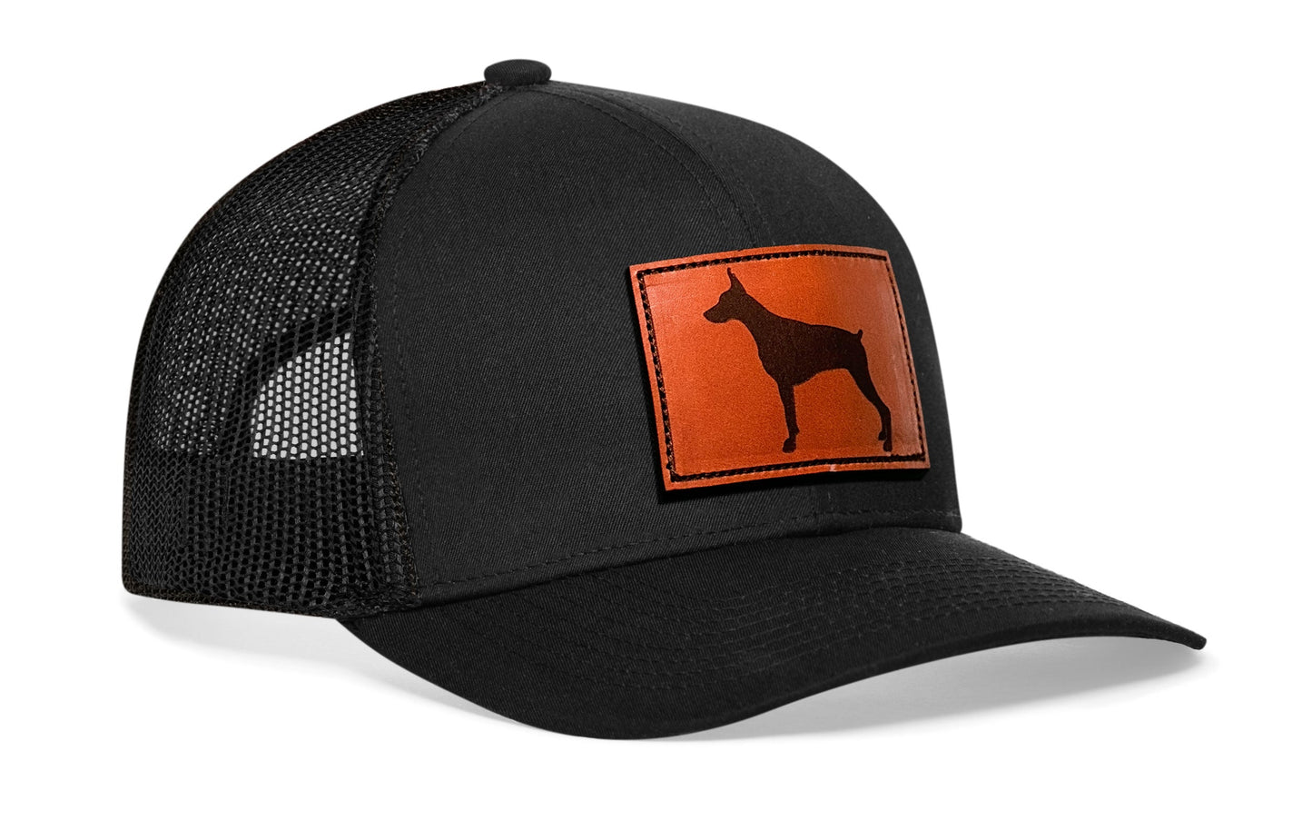 Doberman Trucker Hat Leather  |  Black Dog Snapback