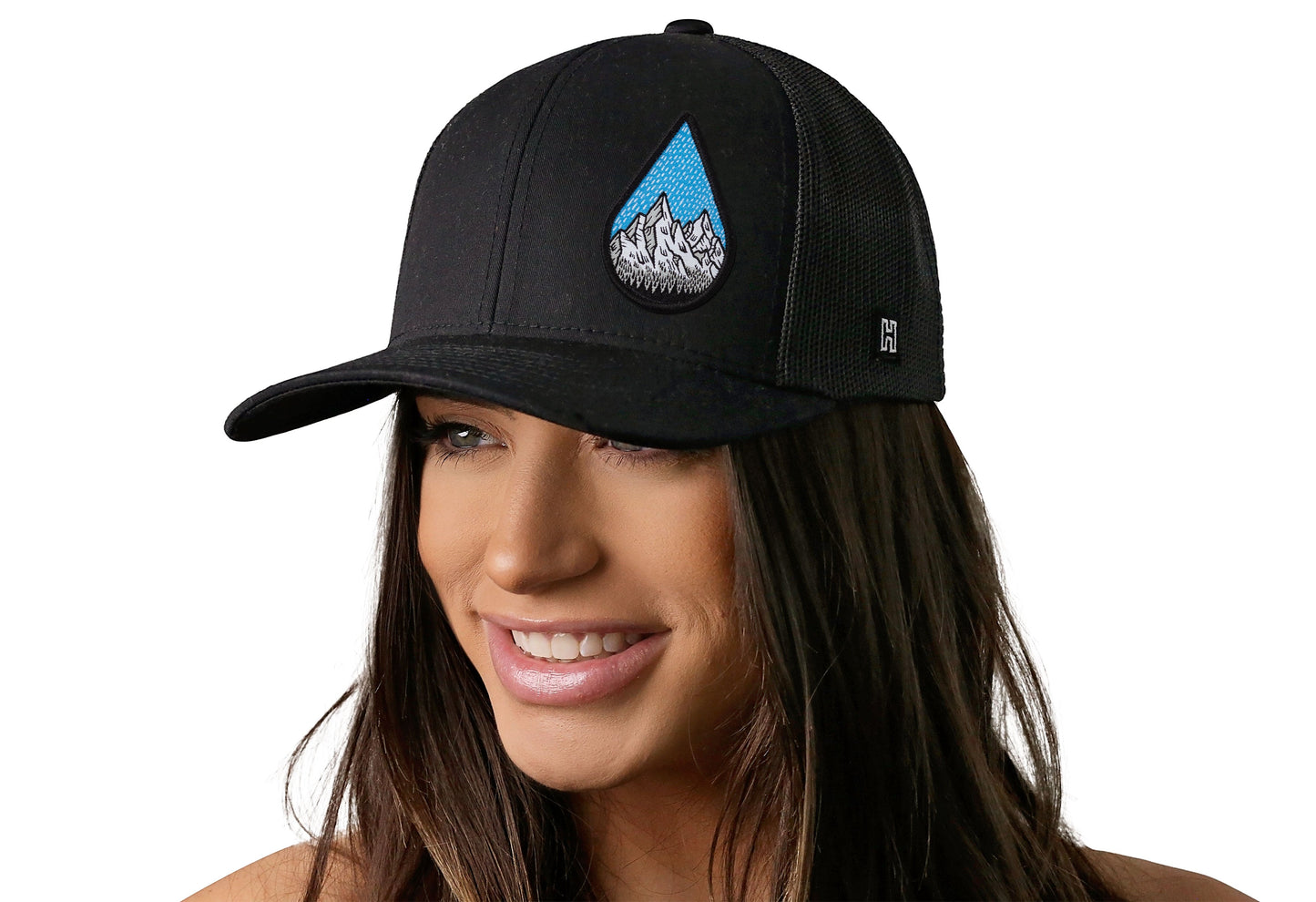Rainddrop Mountain and Trees Trucker Hat  |  Black Outdoors Snapback