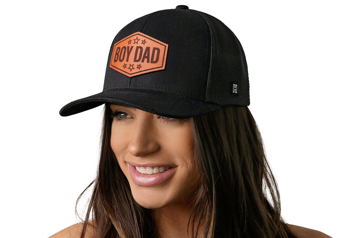 Boy Dad Leather Trucker Hat  |  Black Snapback