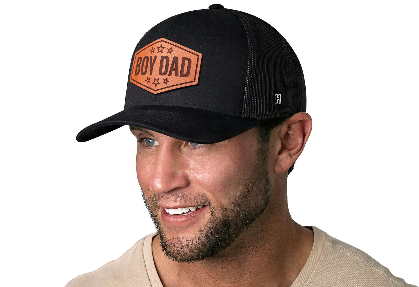 Boy Dad Leather Trucker Hat  |  Black Snapback