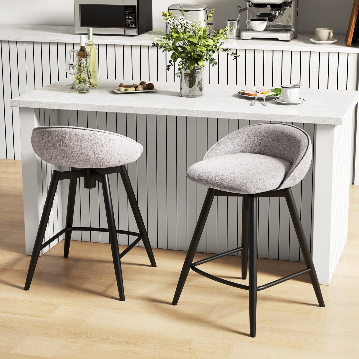 Upholstered Bar Stools Set of 2 with Footrest and Backrest