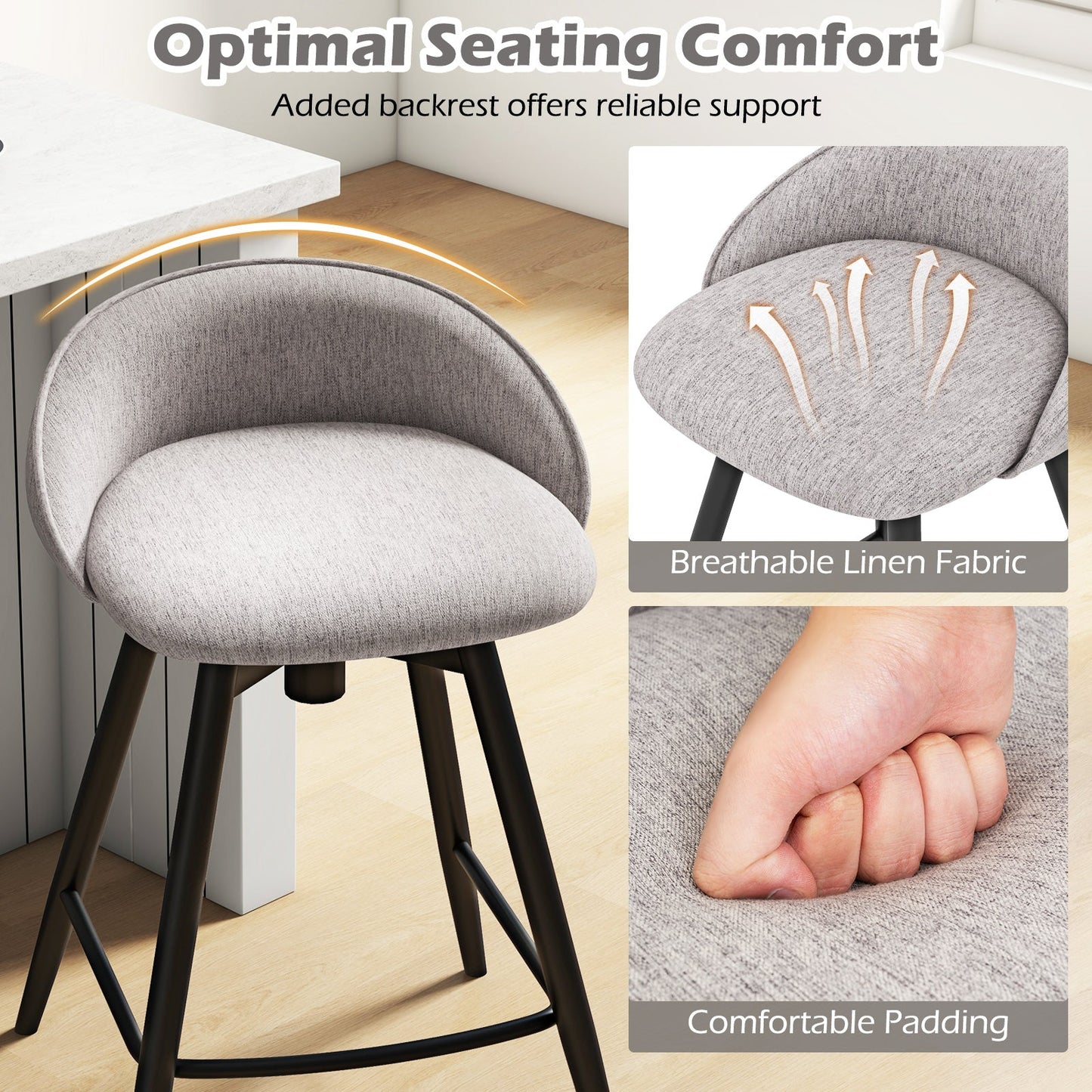 Upholstered Bar Stools Set of 2 with Footrest and Backrest