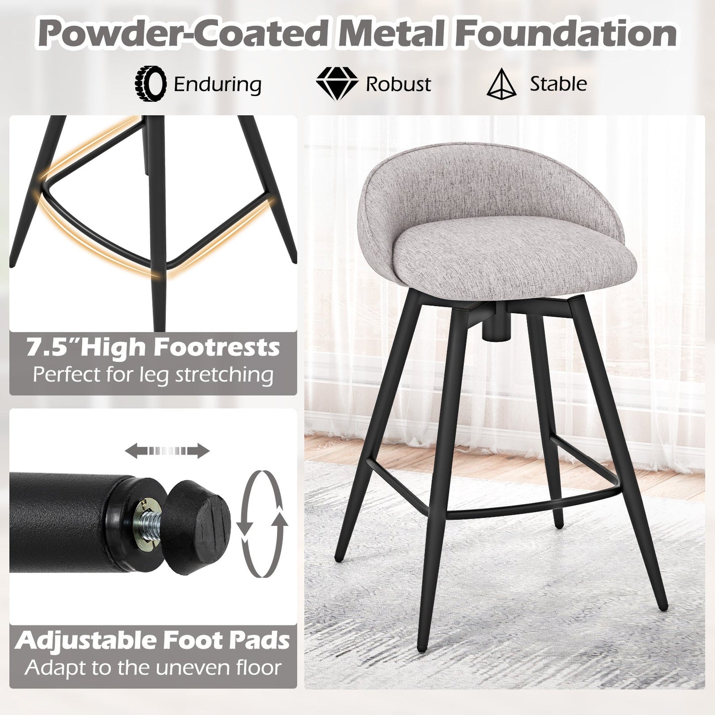 Upholstered Bar Stools Set of 2 with Footrest and Backrest