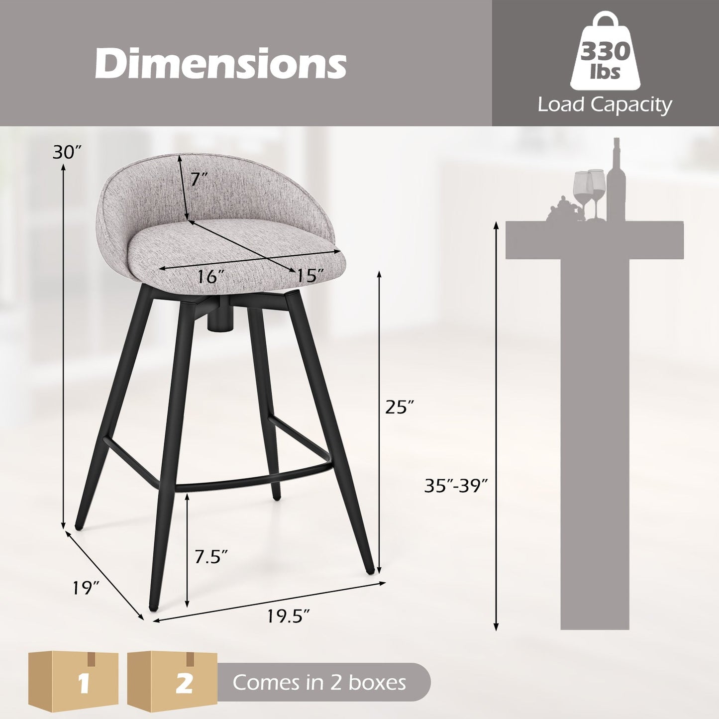 Upholstered Bar Stools Set of 2 with Footrest and Backrest