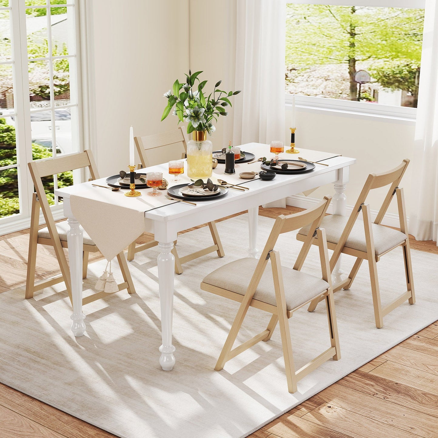 Folding Upholstered Dining Chair Set of 4 with Curved Backrest