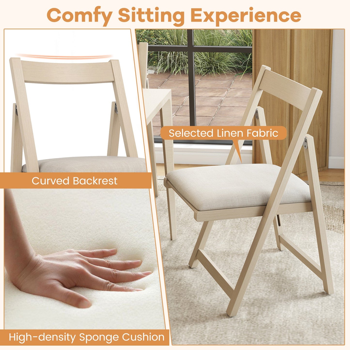 Folding Upholstered Dining Chair Set of 4 with Curved Backrest