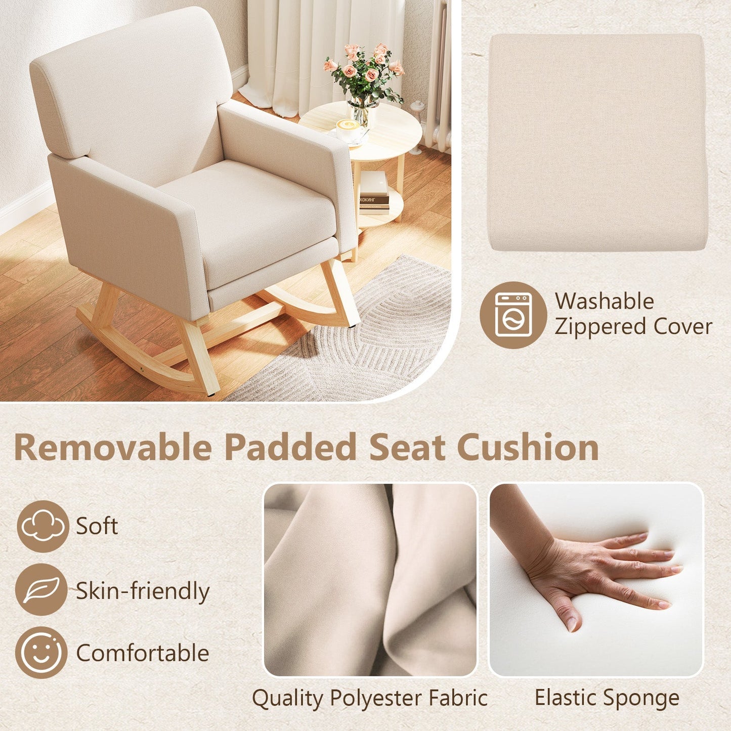 Upholstered Rocking Chair with and Solid Wood Base