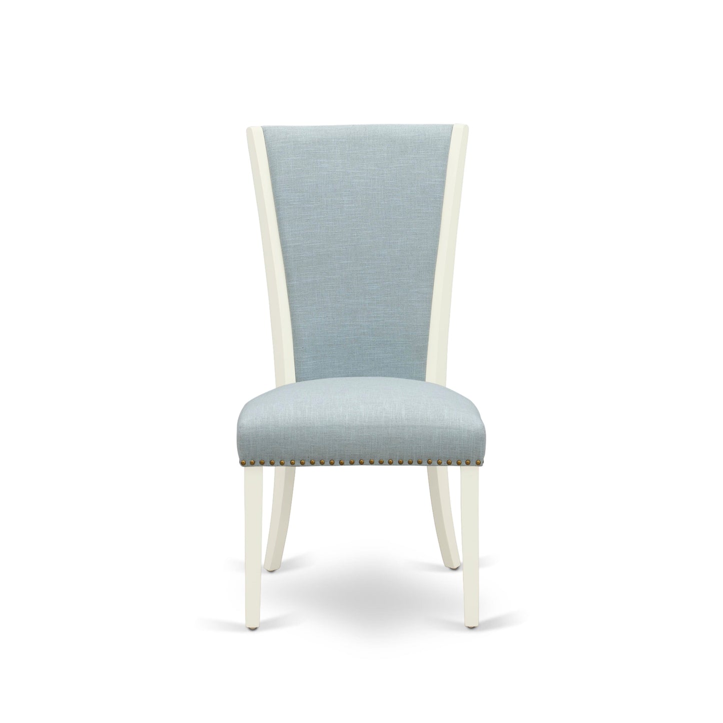 EAST WEST FURNITURE - AVVE5-LWH-15 - 5 Pc Dining Room Table Set - 4 Baby Blue Linen Fabric Dining Padded Chairs with High Back and 1 Removable leaf Oval Dining Table - linen white Finish