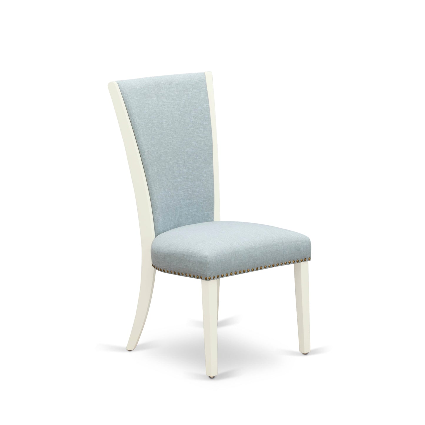 EAST WEST FURNITURE - AVVE5-LWH-15 - 5 Pc Dining Room Table Set - 4 Baby Blue Linen Fabric Dining Padded Chairs with High Back and 1 Removable leaf Oval Dining Table - linen white Finish